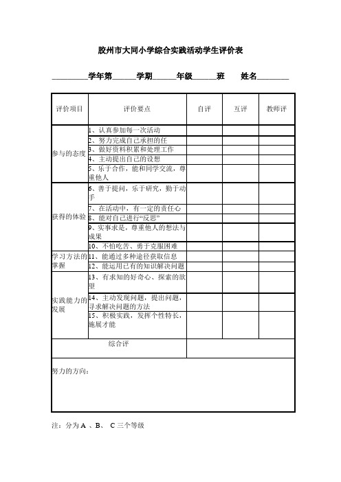 综合实践活动学生过程性评价表及终结评价表