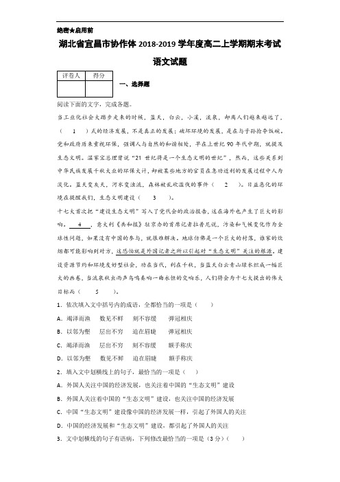 2018-2019学年湖北省宜昌市协作体高二上学期期末考试语文试题 解析版