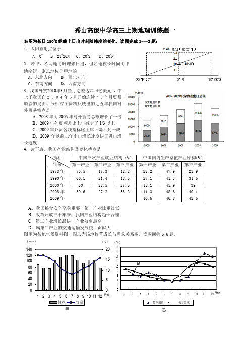 秀山高级中学高三地理训练题一