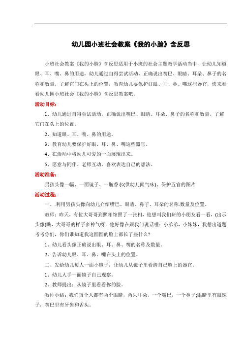 幼儿园小班社会教案《我的小脸》含反思