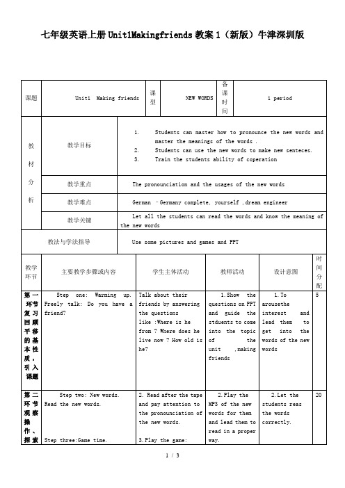 七年级英语上册Unit1Makingfriends教案1(新版)牛津深圳版