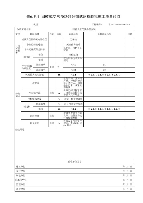 回转式空气预热器安装分部试运检验批质量验收表