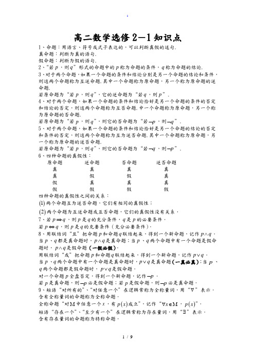 高中二年级数学选修2-1知识点总结(精华版)