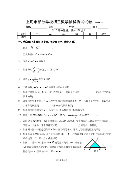 上海市部分学校初三数学抽样测试试卷