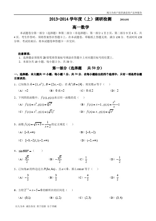 攀枝花市2013-2014学年度(上)调研检测高一数学