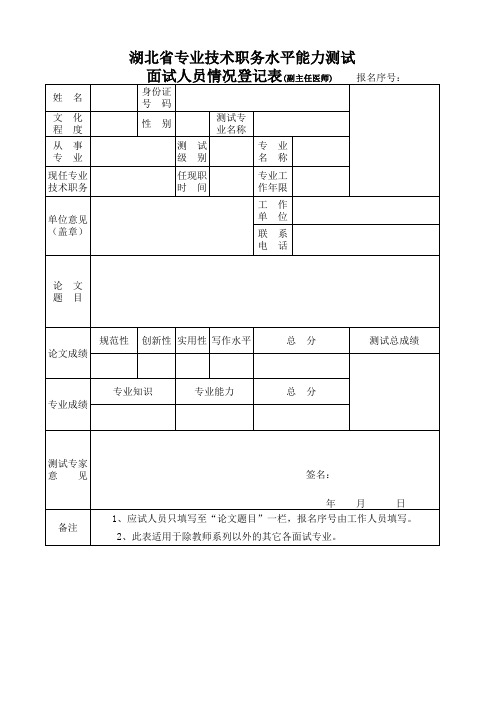 水平能力测试面试登记表