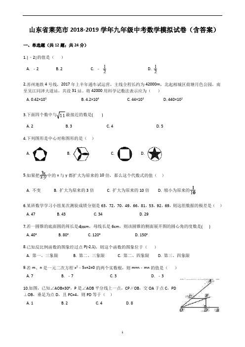 山东省莱芜市2018-2019学年九年级中考数学模拟试卷(含答案)