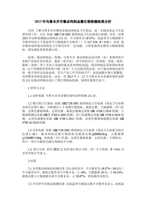 2013年乌鲁木齐市酱卤肉制品微生物检测结果分析