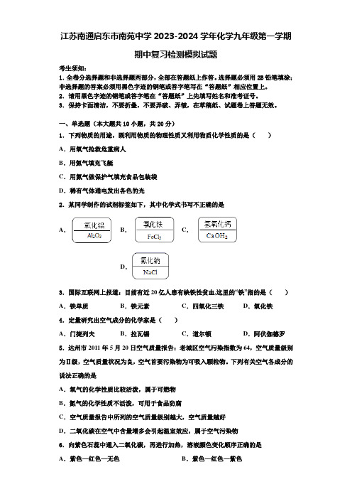 江苏南通启东市南苑中学2023-2024学年化学九年级第一学期期中复习检测模拟试题含解析