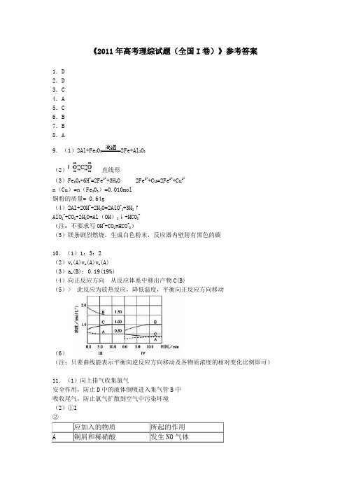 2011年高考理综答案(全国卷)