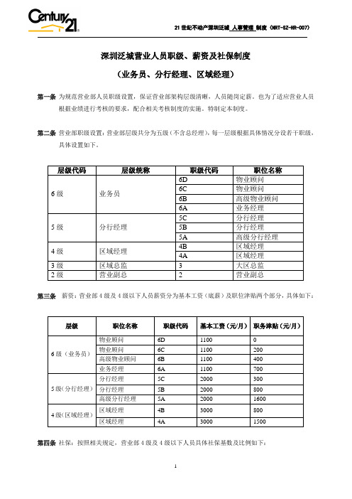 21世纪不动产 销售人员职级、薪资及福利制度