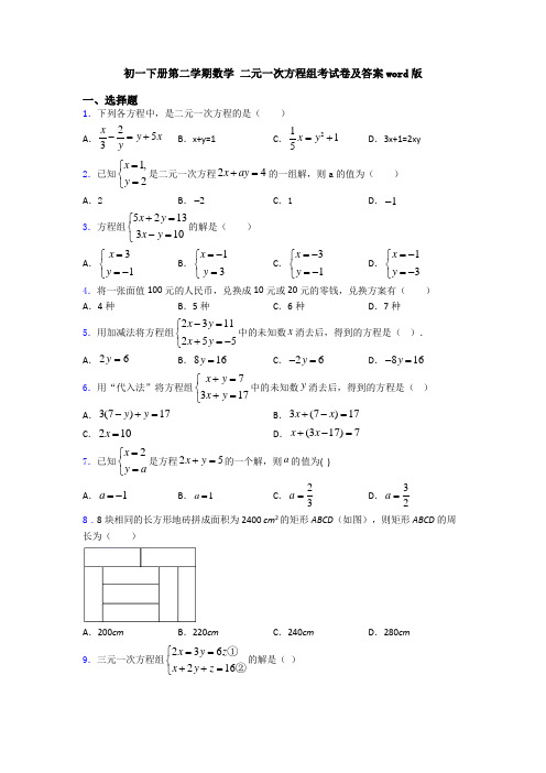 初一下册第二学期数学 二元一次方程组考试卷及答案word版