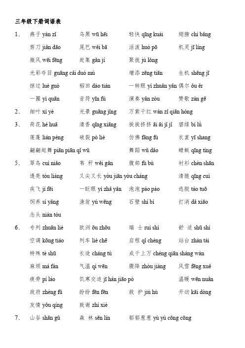 人教版小学语文三年级下册词语表(带拼音)