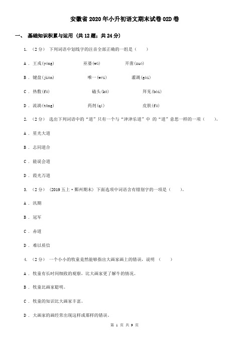 安徽省2020年小升初语文期末试卷02D卷