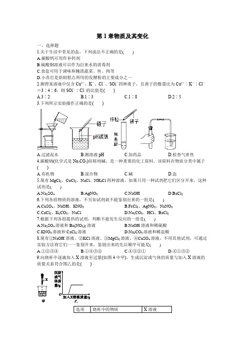 2021-2022学年浙教版九年级上册科学第1章 物质及其变化 综合练习(含答案)