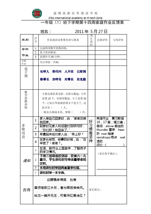 一年级(1)班第十四周家庭作业反馈表