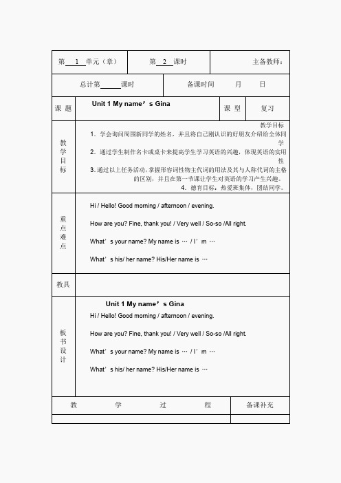 人教新目标版七年级上英语 Unit 1 My name’s Gina 教案Unit 1-2