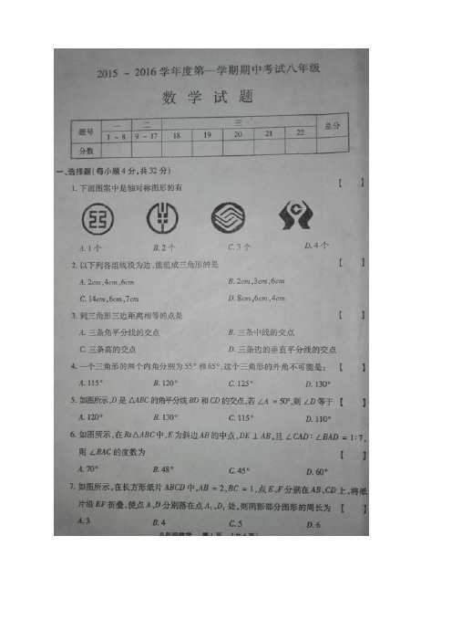 河南省漯河市临颍县2015-2016学年八年级上学期期中考