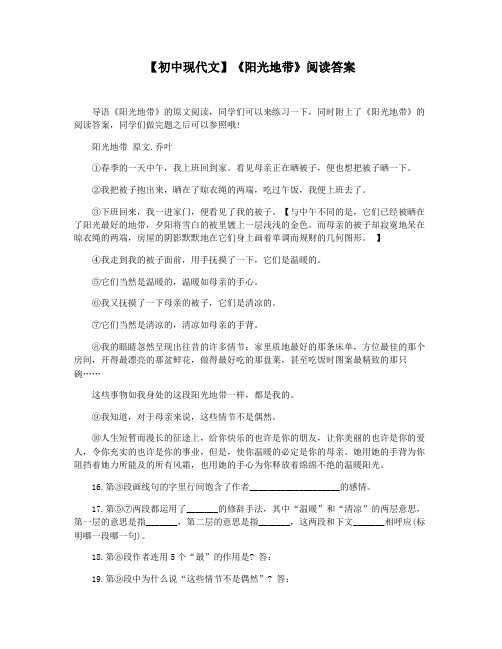 【初中现代文】《阳光地带》阅读答案