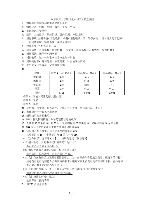 上海市八年级生命科学概念整理