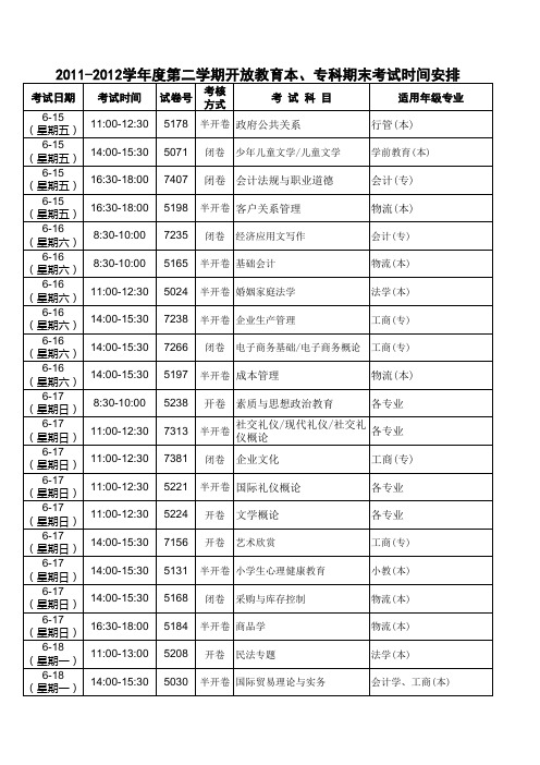 开放教育期末考试时间安排