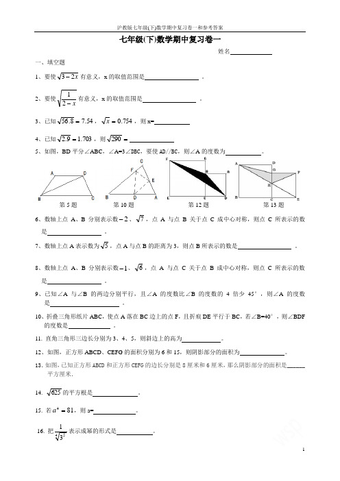 沪教版七年级(下)数学期中复习卷一和参考答案