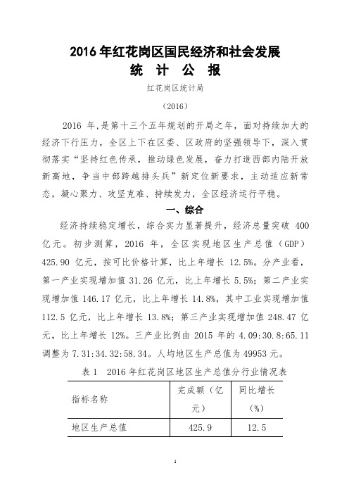 2016年红花岗区国民经济和社会发展