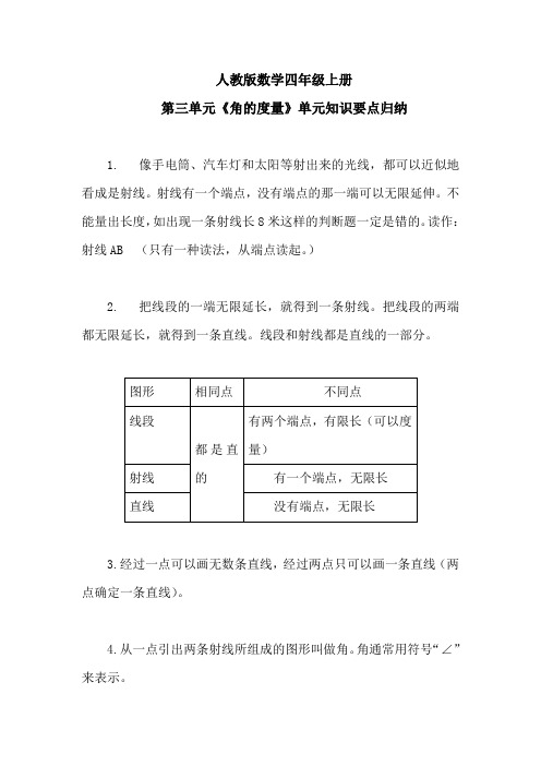 人教版数学四年级上册第三单元《角的度量》单元知识要点归纳