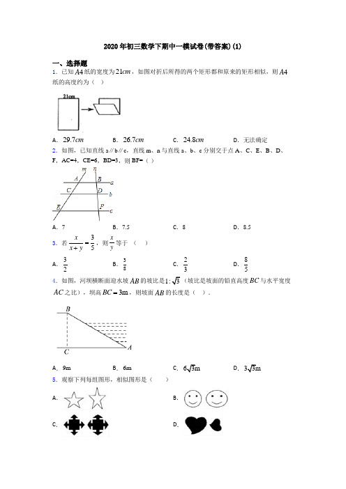 2020年初三数学下期中一模试卷(带答案)(1)