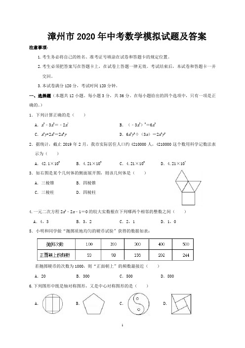 漳州市2020年中考数学模拟试题及答案
