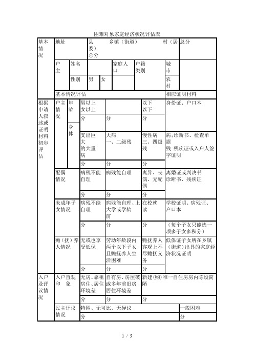 困难对象家庭经济状况评估表
