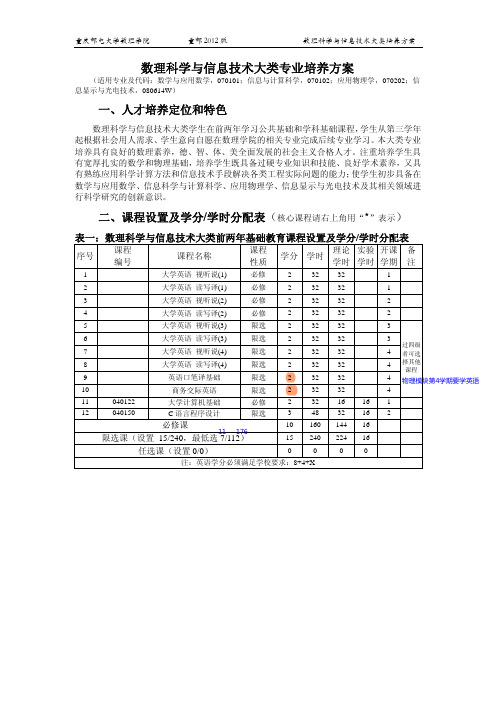 最终版-2012数理科学与信息技术(大类班)培养方案