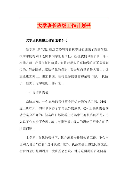 大学班长班级工作计划书