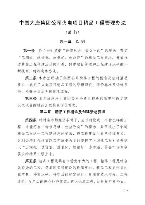 中国大唐集团公司火电项目精品工程管理办法
