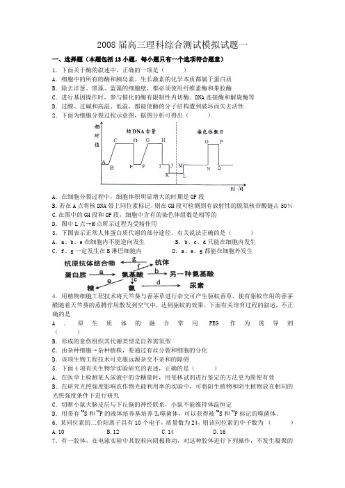 2008届高三理科综合测试模拟试题一