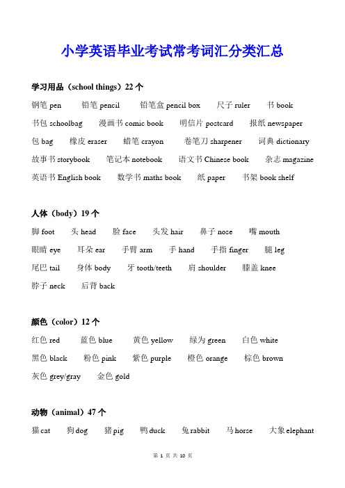 小学英语毕业考试常考词汇分类汇总