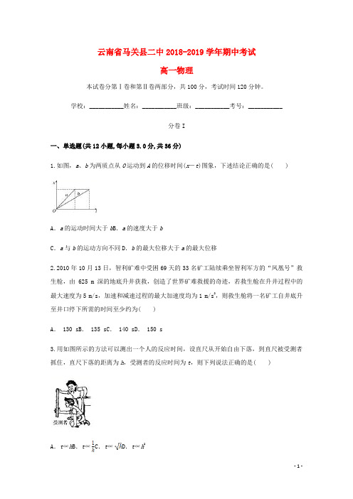 云南省文山州马关县第二中学2018_2019学年高一物理上学期期中试题