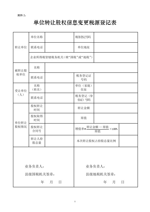 单位转让股权登记表