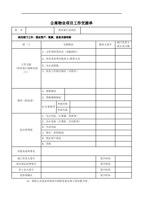 公寓物业项目工作交接单