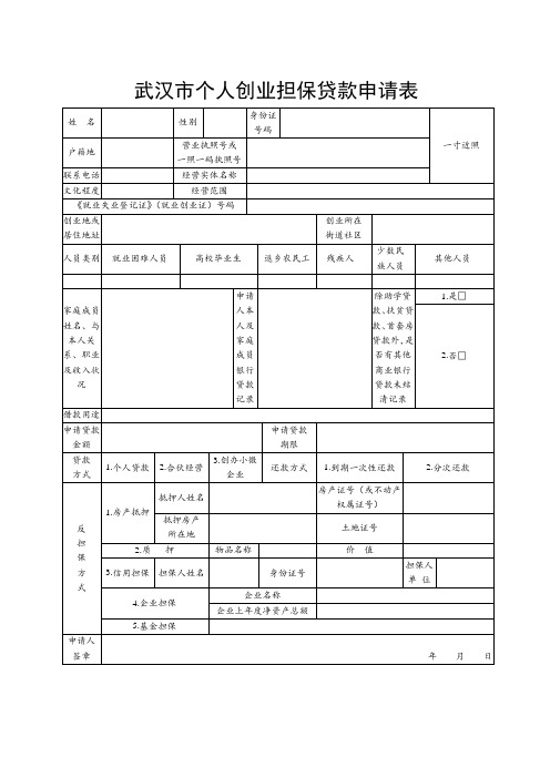 武汉市个人创业担保贷款申请表