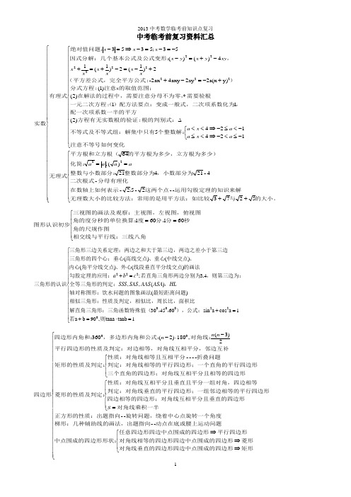 2013中考数学临考前知识点复习及易错知识点