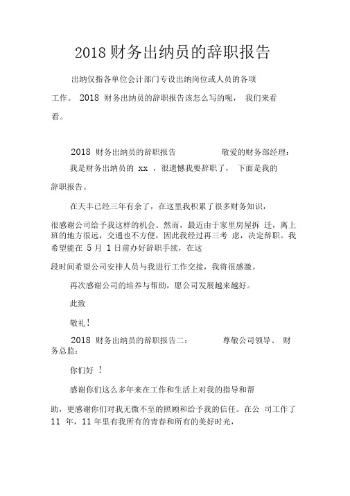 2018财务出纳员的辞职报告
