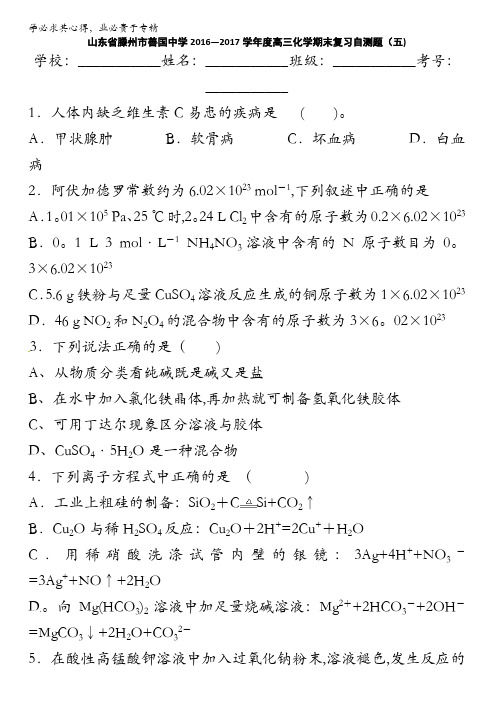 滕州市善国中学2017届高三上学期化学期末复习自测题(五) 含答案