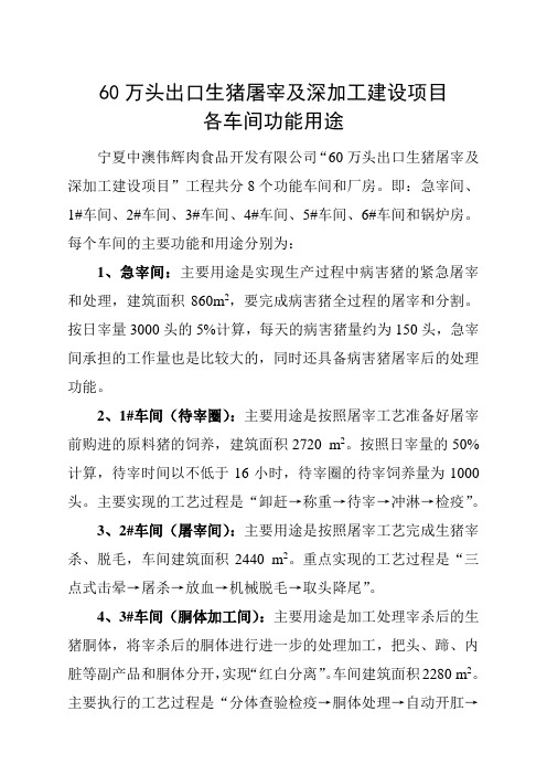 60万头出口生猪屠宰及深加工建设项目各车间功能用途