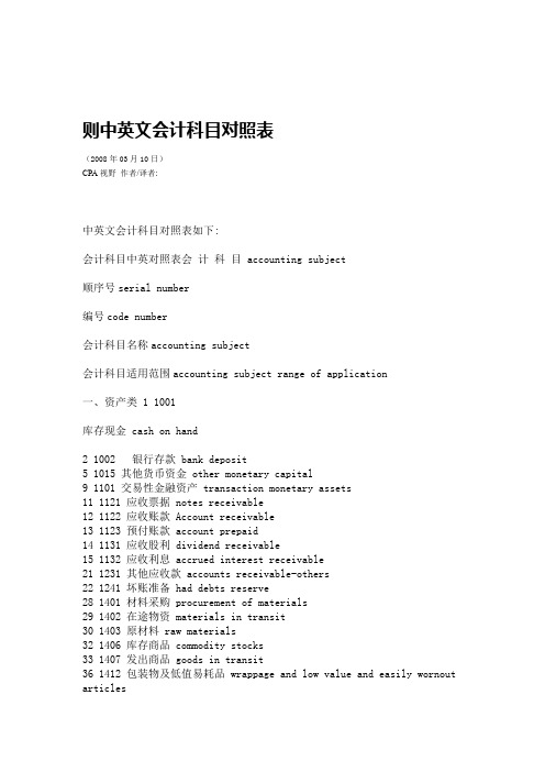 会计科目中英文表