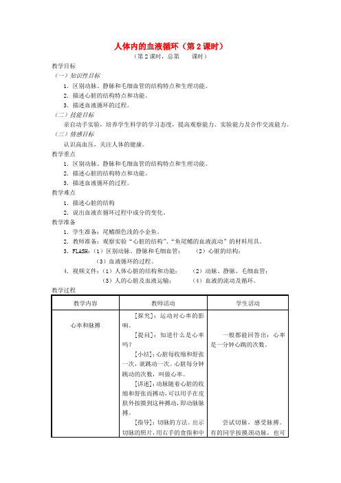七年级生物下册 10.2人体内的血液循环(第2课时)教案 (新版)苏教版
