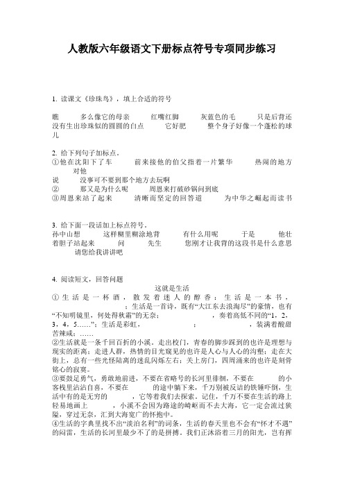 人教版六年级语文下册标点符号专项同步练习