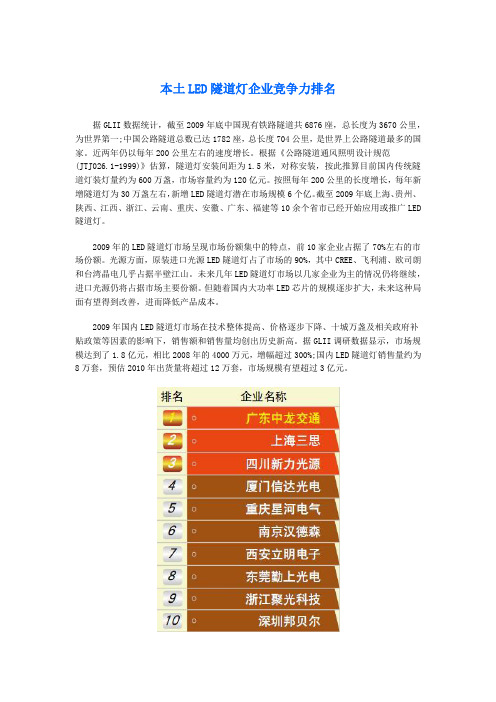 本土LED隧道灯企业竞争力排名