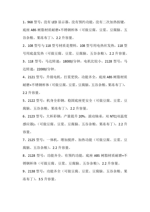 豆腐机型号功能对比