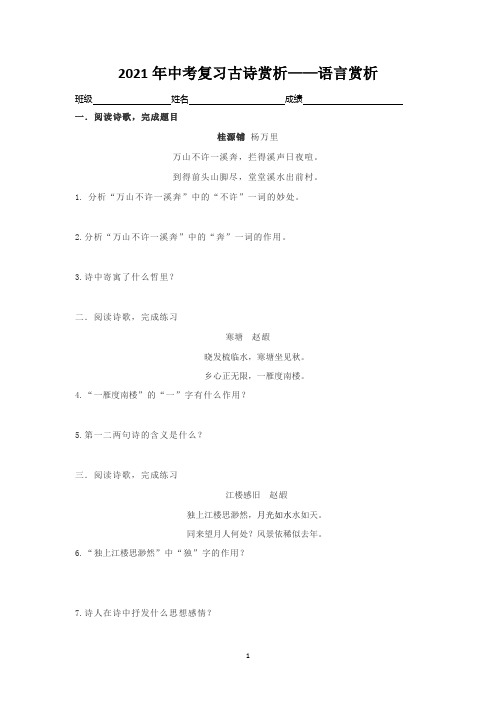2021年中考语文二轮专题复习：古诗赏析-语言赏析